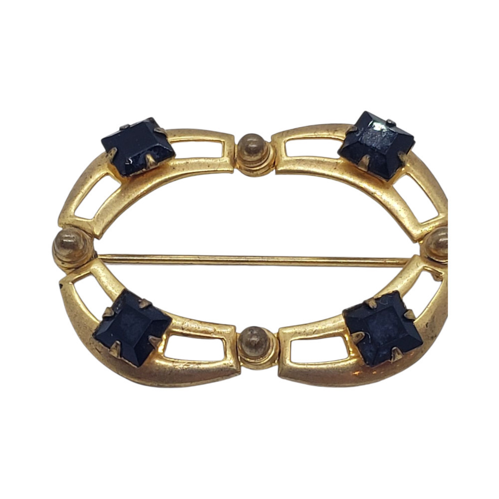 Vintage 10k Gold Plate Brooch Pin Art Deco Oval Openwork Black Rhinestone - Picture 2 of 16